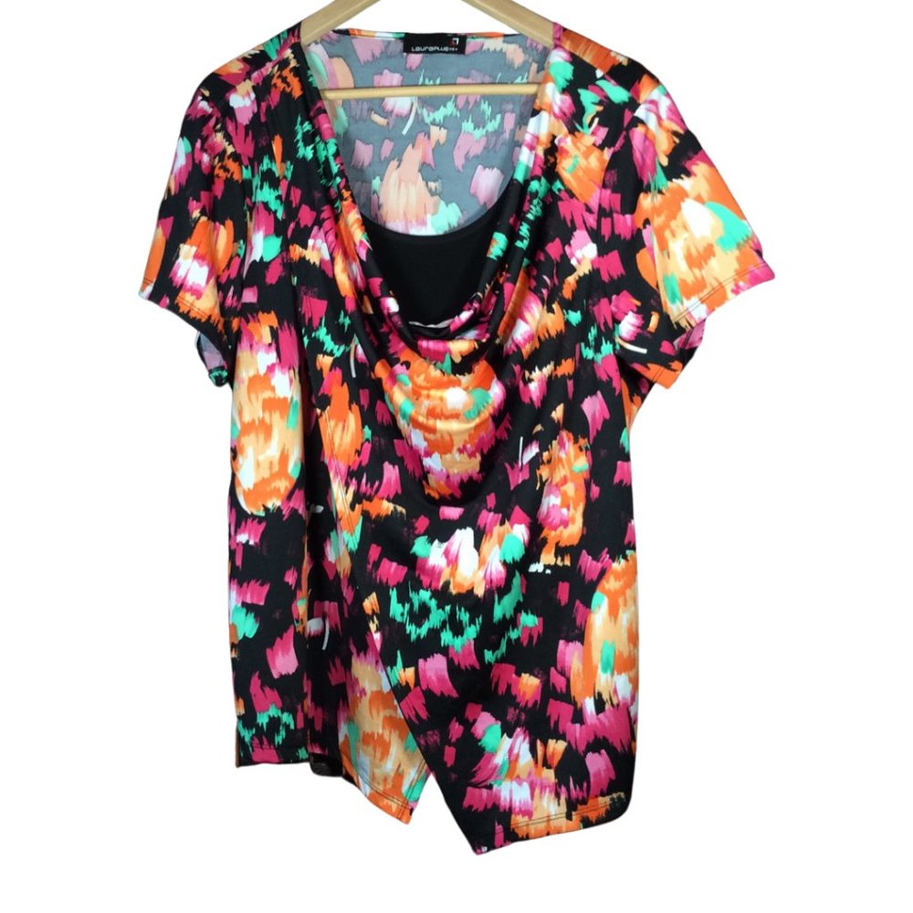 Size: 2X - Multicolored Cowl Neck Layered Top w/ Abstract Pattern